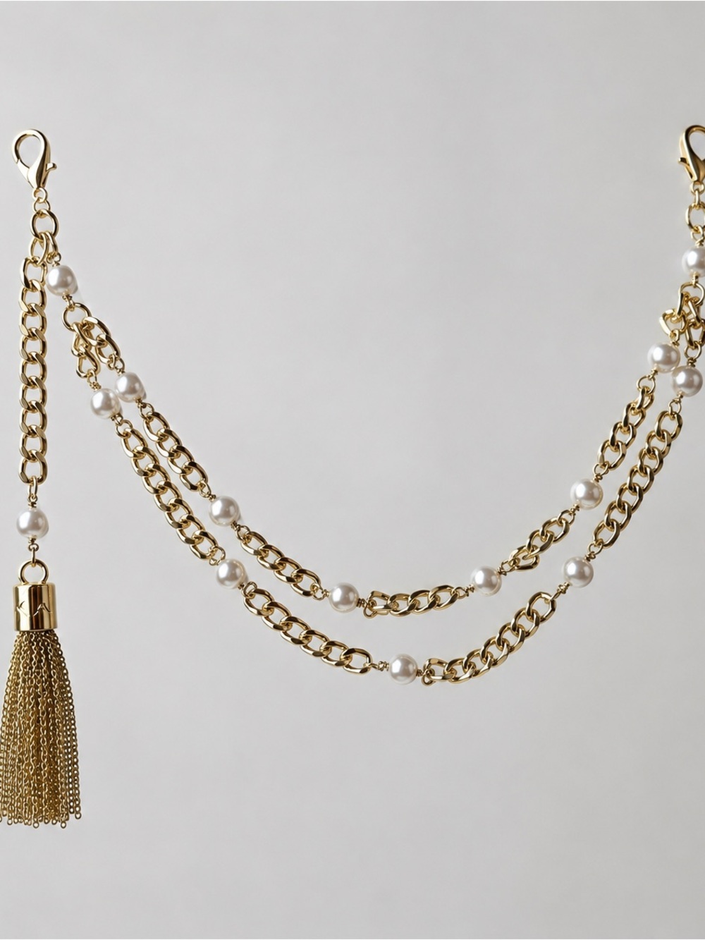 Karl Lagerfeld Gold Tone Pearl Multi Chain Bag Charm Tassel Accessory